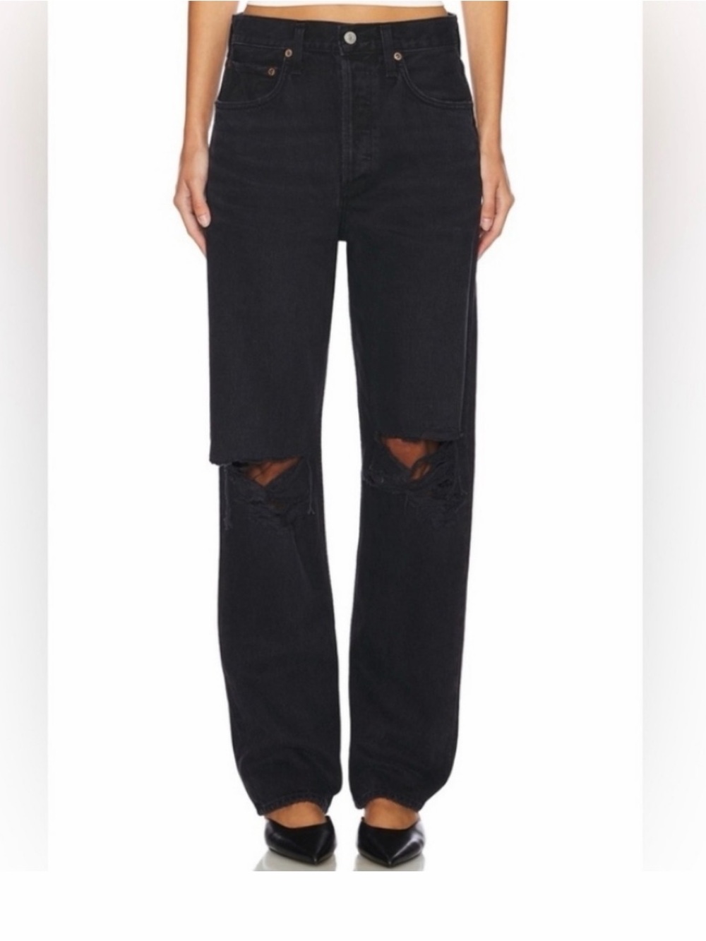 Agolde KELLY black Distressed Button Fly Straight Leg Denim Jeans